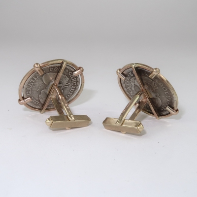 Real coins in gold cufflink settings - rear